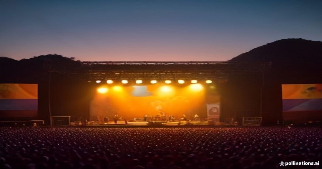 Palco iluminado de festival de rock ao pôr do sol em Garanhuns, Pernambuco, com público animado e bandeiras brasileiras