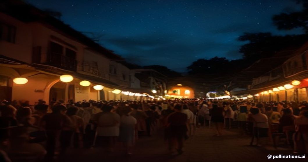 Cena de cinema ao ar livre nas ruas históricas de Olinda, com público assistindo a um filme sob lanternas coloridas.