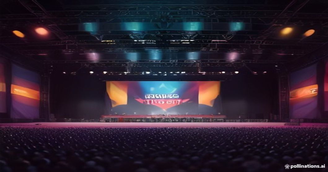 Palco iluminado com público vibrante e banner da Turnê Nacional 2024