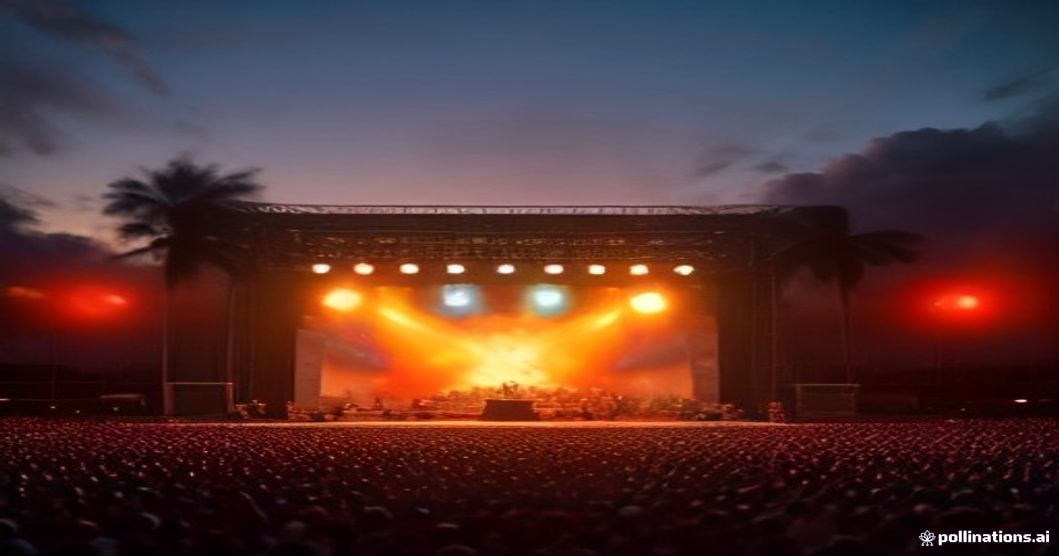 Palco ao ar livre de show de rock em Recife, Pernambuco, ao pôr do sol, com público animado.
