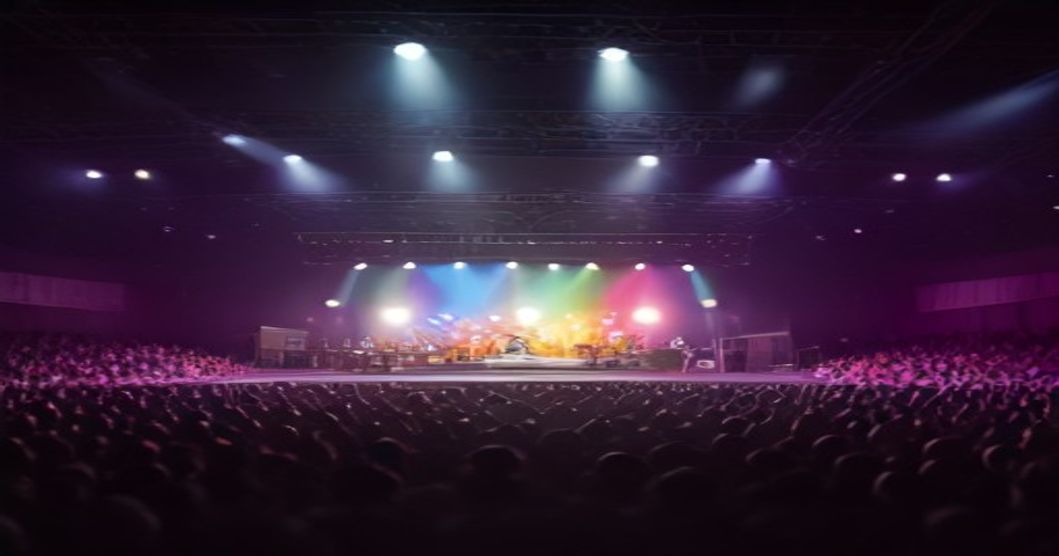 Show de rock ao vivo em um palco de interior de Pernambuco, com público animado e iluminação colorida.