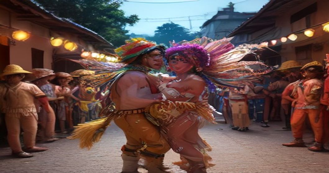 Cena vibrante do Carnaval de Olinda 2024 com dançarinos de frevo, casas históricas iluminadas e multidão em festa