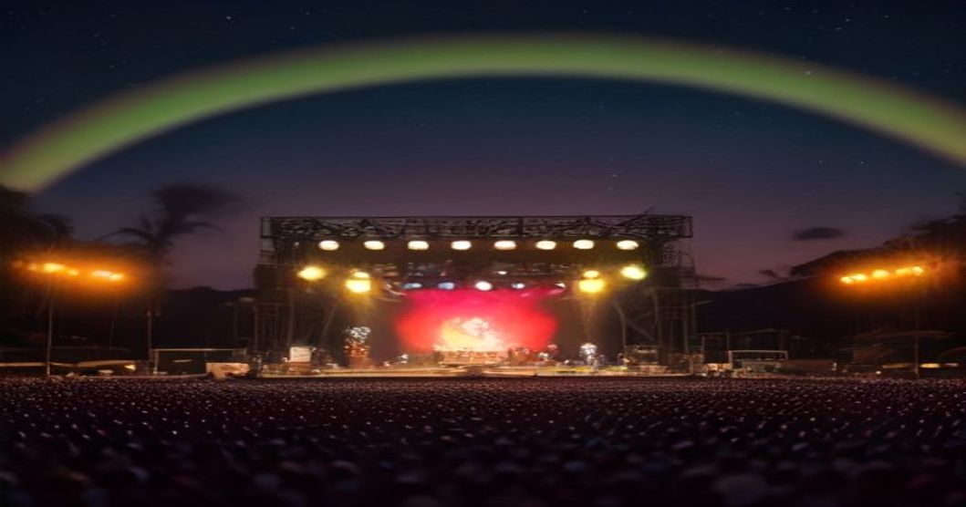 Palco iluminado do Festival de Música Garanhuns 2024 com público animado