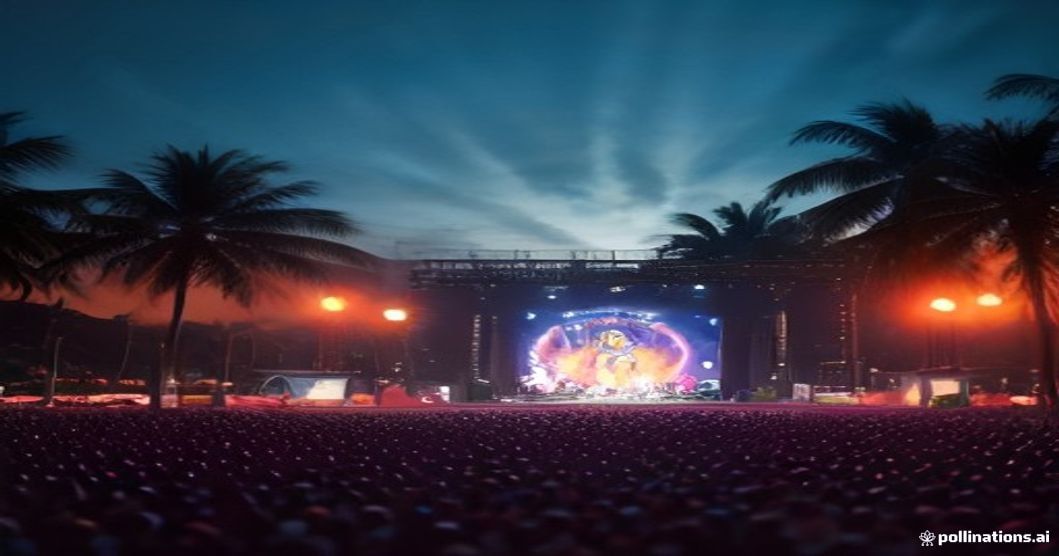 Cena noturna vibrante do festival Rock in Rio Recife 2024 com palco iluminado e público animado