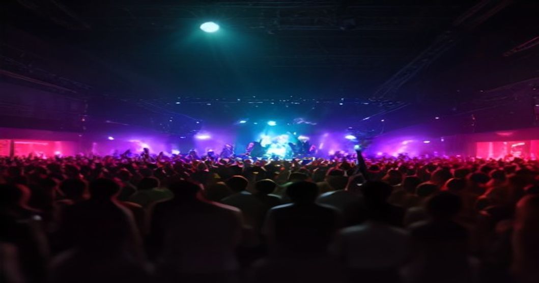 Cena vibrante de uma balada em Recife com iluminação colorida e pista cheia