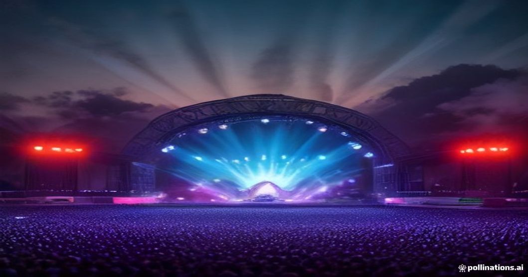 Cena vibrante do Rock in Rio 2024 com multidão, luzes coloridas e skyline do Rio de Janeiro ao fundo