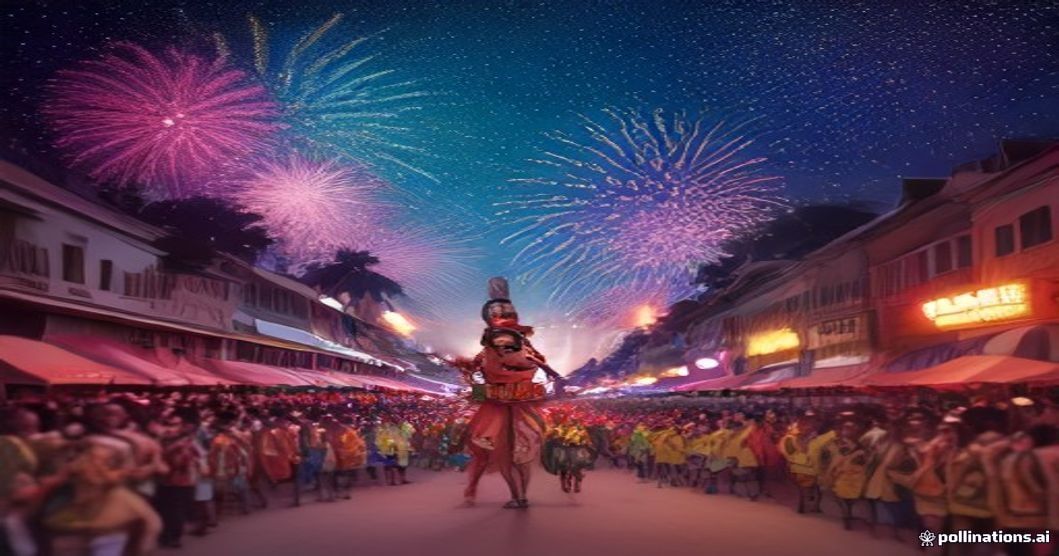 Cena vibrante do Carnaval de Recife 2024 com blocos, dançarinos de frevo e fogos de artifício