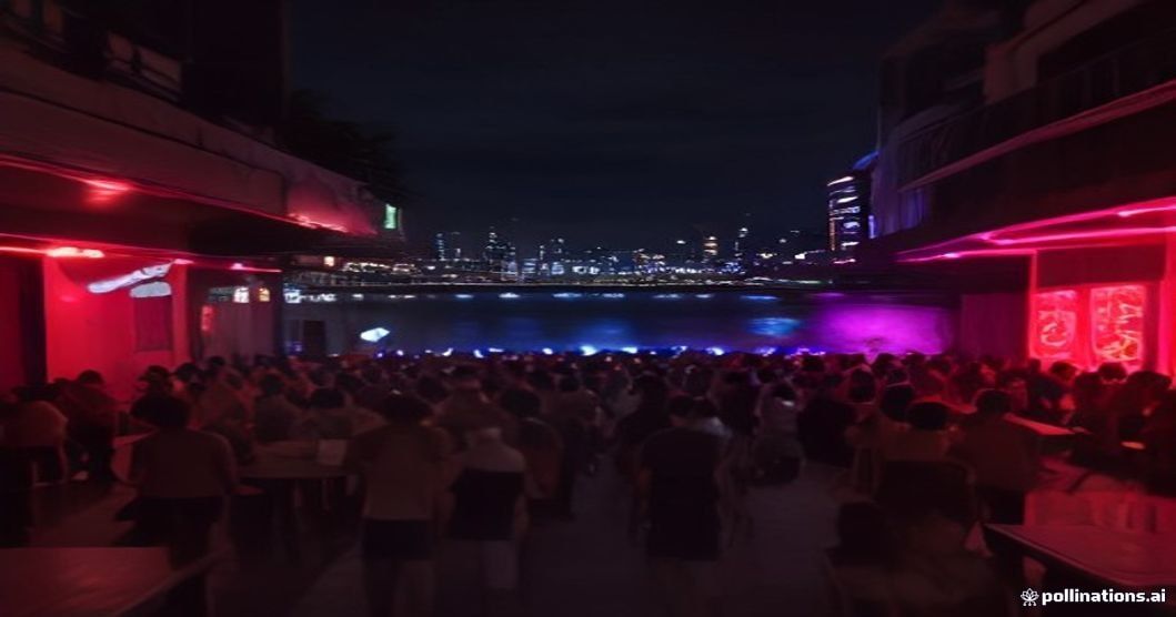 Cena noturna vibrante de uma balada popular em Recife, com luzes neon coloridas e público dançando