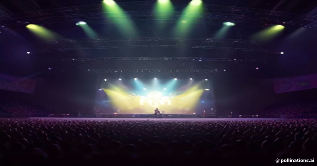 Cena de concerto vibrante no Brasil em 2024, público diverso segurando ingressos, luzes coloridas e banner da Elaxi.